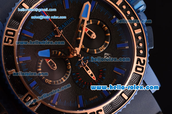 Ulysse Nardin Maxi Marine Diver Chrono Swiss Valjoux 7750-DD Automatic Blue PVD Case with Blue Rubber Strap and Black Dial Blue Stick Markers - Click Image to Close